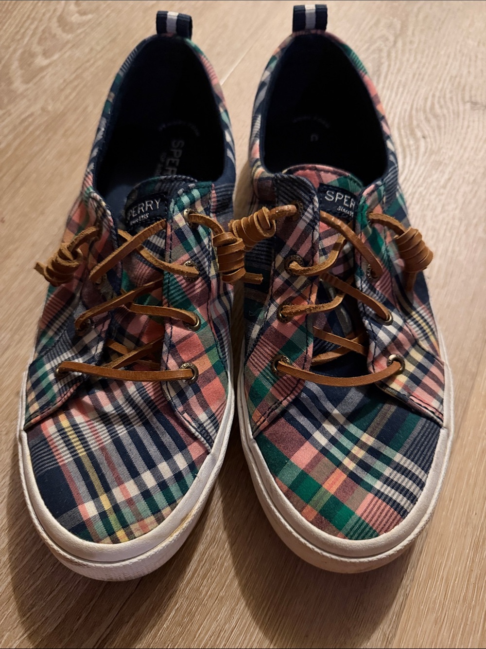 Sperry Kids Plaid Canvas Sneakers in Navy, Green & Pink